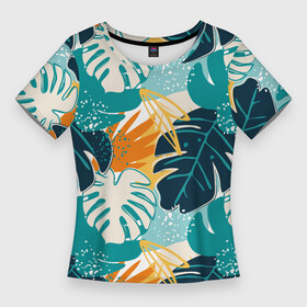 Женская футболка 3D Slim с принтом Летние зелёные тропики  Пальма  Tropical в Кировске,  |  | palm | pattern | summer | tropical | гавайка | гавайский рисунок | курорт | летний камуфляж | летний узор | листки | листы | пальмы | паттерн | тропик | тропический рисунок | узор | узор для лета | южные тропики