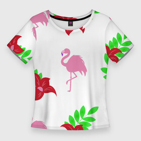 Женская футболка 3D Slim с принтом Розовый фламинго с цветами в Кировске,  |  | flamingo | flower | pink | птицы | растения | розовый | тропики | тропический | фламинго | цветы