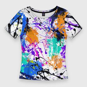 Женская футболка 3D Slim с принтом Брызги и мазки разноцветных красок на белом фоне в Кировске,  |  | paints | splatter | stains | абстракция | брызги | краски | красочные пятна | пятна | разноцветные пятна