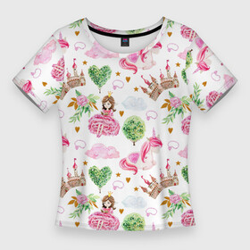 Женская футболка 3D Slim с принтом Принцесса, замки и единороги в Кировске,  |  | барби | девушка | единороги | замки | замок | кукла