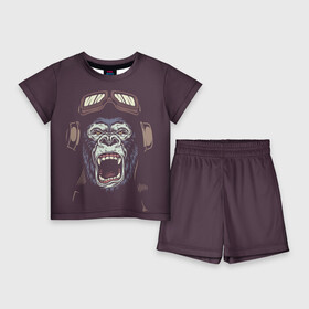 Детский костюм с шортами 3D с принтом Орущая горилла в Кировске,  |  | голова гориллы | горилла | животное | обезьяна | пилот | примат