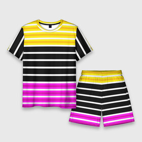 Мужской костюм с шортами 3D с принтом Желтые розовые и черные полосы на белом в Кировске,  |  | black stripes | pink stripes | stripes | yellow | желтый | полосатый узор | розовый | черные полосы