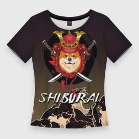 Женская футболка 3D Slim с принтом Shiburai и волны в Кировске,  |  | shiba | shiba inu | самурай | сиба | сиба ину | японская собака