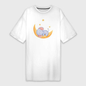 Платье-футболка хлопок с принтом Милый Слонёнок Спит На Месяце Среди Звёзд в Кировске,  |  | animals | beast | cute | животные | звёзды | звери | месяц | милый | слон | слонёнок