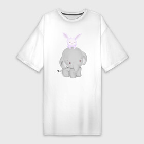 Платье-футболка хлопок с принтом Милый Слонёнок и Крольчонок в Кировске,  |  | animals | beast | cute | hare | rabbit | животные | заяц | звери | кролик | крольчонок | милый | слон | слонёнок