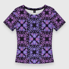 Женская футболка 3D Slim с принтом Розово фиолетовый цветочный орнамент на черном в Кировске,  |  | floral | lilac flowers | ornament | орнамент | розовый | сиреневый | цветочный