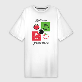 Платье-футболка хлопок с принтом Italiano Pomodoro, любовь к Италии, пицце и томатам в Кировске,  |  | italiano | italy | line | pomodoro | simple | tomato | белый | геометрический | зеленый | италия | квадраты | красный | линеарный | плоский стиль | помидор | простой | томат