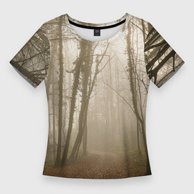 Женская футболка 3D Slim с принтом Туманный лес на восходе в Кировске,  |  | fog | forest | morning | sun | восход | лес | солнце | туман | утро