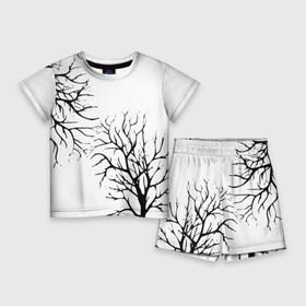 Детский костюм с шортами 3D с принтом Черные ветки деревьев на белом фоне в Кировске,  |  | abstraction | black and white | tree branches | ветки | деревья | монохромный | черно белый