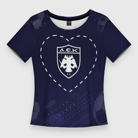 Женская футболка 3D Slim с принтом Лого AEK Athens в сердечке на фоне мячей в Кировске,  |  | aek | aek athens | athens | club | football | logo | love | аек | клуб | краска | лого | мяч | сердечко | символ | спорт | футбол | футболист | футболисты | футбольный