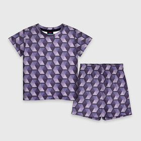 Детский костюм с шортами 3D с принтом Фиолетовые шестиугольники в Кировске,  |  | абстрактный | геометрический | многоугольники | монохромный | паттерн | треугольники | узор | фиолетовый
