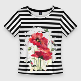 Женская футболка 3D Slim с принтом Red poppies Акварельные цветы в Кировске,  |  | Тематика изображения на принте: poppies | red poppies | watercolor | акварель | красные маки | маки | полосатый | черно белые полосы