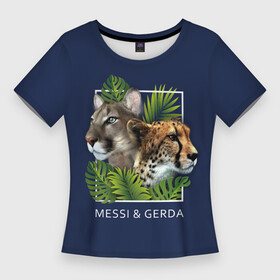 Женская футболка 3D Slim с принтом Messi  Gerda в Кировске,  |  | гепард | герда | квадрат | кошки | листья | месси | надпись | папоротник | пума