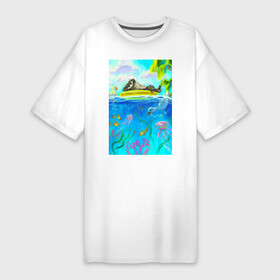 Платье-футболка хлопок с принтом Енот и утки на летнем отдыхе в Кировске,  |  | водой | водоросли | енот | кораллы | круг | лето | медуза | море | океан | пальмы | плавательный | под | птица | рыбка | утка