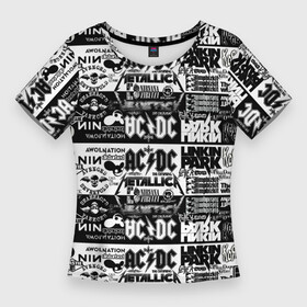Женская футболка 3D Slim с принтом THE TEXTURE OF LEGENDARY ROCK BANDS в Кировске,  |  | Тематика изображения на принте: ac dc | linkin park | metallica | nirvana | группы | музыкальная | популярные | рок