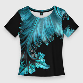 Женская футболка 3D Slim с принтом Черный с голубым неоновый фрактал  Ледяная абстракция в Кировске,  |  | абстракция | геометрия | зимний | ледяной | неон | фрактал | холодный | черный