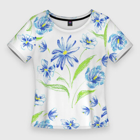 Женская футболка 3D Slim с принтом Цветы Синие Нарисованные Карандашами в Кировске,  |  | flowers | summer | букет | лето | нарисованные | природа | растение | флора | цветы