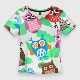 Женская футболка 3D Slim с принтом Весёлые цветные совята в Кировске,  |  | Тематика изображения на принте: глаза | зеленый | листок | птица | синий | сова