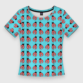 Женская футболка 3D Slim с принтом LADYBUGS ON A BLUE BACKGROUND в Кировске,  |  | акварель | красный | насекомое | природа | точки | узор | черный