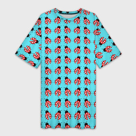 Платье-футболка 3D с принтом LADYBUGS ON A BLUE BACKGROUND в Кировске,  |  | акварель | красный | насекомое | природа | точки | узор | черный