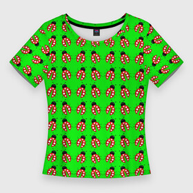 Женская футболка 3D Slim с принтом LADYBUG ON A GREEN BACKGROUND в Кировске,  |  | акварель | жук | зеленый | красный | насекомое | точки | узор | черный