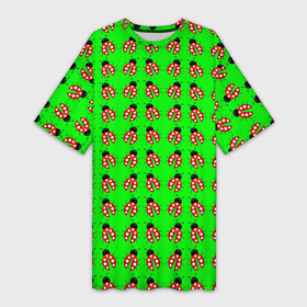 Платье-футболка 3D с принтом LADYBUG ON A GREEN BACKGROUND в Кировске,  |  | акварель | жук | зеленый | красный | насекомое | точки | узор | черный