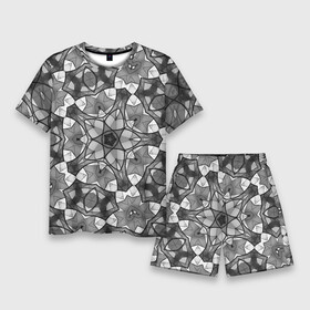 Мужской костюм с шортами 3D с принтом Черно белый геометрический мозаичный узор в Кировске,  |  | geometric   pattern | mosaic | геометрический узор | мозаика | серый | черно белый