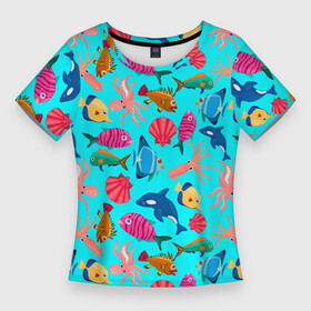 Женская футболка 3D Slim с принтом THE UNDERWATER WORLD OF THE OCEAN в Кировске,  |  | вода | дельфин | животные | лето | море | морской | океан | осьминог | под водой | подводный | природа | раковина | рыба | синий | узор