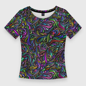 Женская футболка 3D Slim с принтом Цветные завитки в Кировске,  |  | желтый | завитки | завиток | зеленый | листок | разноцветный | рисунок | серый | узор | черный