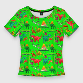 Женская футболка 3D Slim с принтом TEXTURE WITH DINOSAURS в Кировске,  |  | brontosaurus | egg | pterodactyl | tyrannosaurus | volcano | бронтозавр | вулкан | птеродактиль | тиранозавр | яйцо