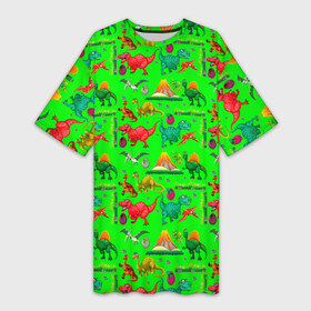 Платье-футболка 3D с принтом TEXTURE WITH DINOSAURS в Кировске,  |  | brontosaurus | egg | pterodactyl | tyrannosaurus | volcano | бронтозавр | вулкан | птеродактиль | тиранозавр | яйцо