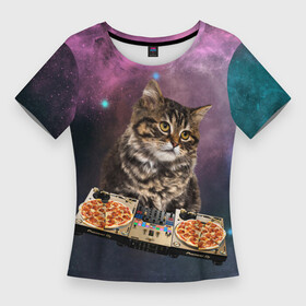 Женская футболка 3D Slim с принтом Космический котёнок диджей  Space DJ Cat в Кировске,  |  | Тематика изображения на принте: galaxy | in space | pizza | vinyl | vynil | в космосе | винил | вселенная | галактика | диск жокей | космическая кошка | космический кот | космос | кот | котик | котята | микшер | пицца | прикол | пульт | юмор
