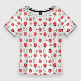 Женская футболка 3D Slim с принтом Забавные Божьи коровки на белом фоне в Кировске,  |  | beetles | insects | ladybug | божья коровка | детский | жуки | насекомые