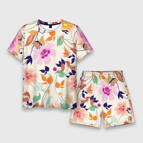 Мужской костюм с шортами 3D с принтом Summer floral pattern в Кировске,  |  | flowers | leaf | pattern | summer | лето | лист | узор | цветок