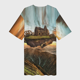 Платье-футболка 3D с принтом Горный пейзаж в стиле Стимпанк в Кировске,  |  | clouds | gears | hut | landscape | mountains | nature | sky | steampunk | горы | небо | облака | пейзаж | природа | стимпанк | хижина | шестерёнки