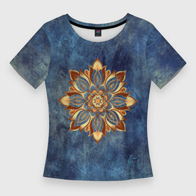 Женская футболка 3D Slim с принтом Мандала цветок в Кировске,  |  | Тематика изображения на принте: веган | выцветший | джинса | джнсовый | зож | йога | лепестки | мантра | медитация | потертый | узор | цветок | чакры | эзотерика