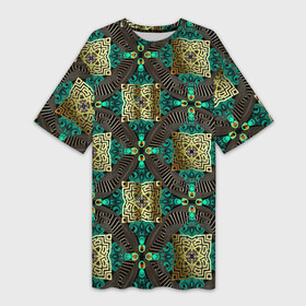 Платье-футболка 3D с принтом Золотые и зеленые квадраты абстракция в Кировске,  |  | абстракция | бутоны | геометрия | узор | узоры | цветы