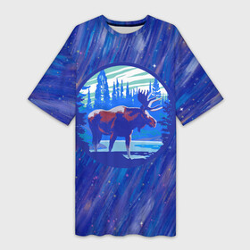 Платье-футболка 3D с принтом Лось в лесу Blue в Кировске,  |  | лес | лось | лось в лесу | рога | синий круг