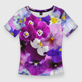 Женская футболка 3D Slim с принтом CHARMING PANSIES в Кировске,  |  | botanical | bouquet | floral | garden | gre | nature | pansies | pink | plant | spring | summer | yellow | анютины глазки | ботанический | букет | весна | желтый | зеленый | красивый | красочный | лето | лист | природа | растение | розовый