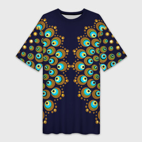 Платье-футболка 3D с принтом Мандала из павлиньих перьев в Кировске,  |  | геометрия | йога | круг | круги | круглый узор | медитация | павлин | павлиньи | перо | перья | симметрия | стмметричный | узоры | чакры