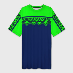 Платье-футболка 3D с принтом Green Lace Зеленое кружево на темном синем фоне в Кировске,  |  | decoration | green lace | lace | lace pattern | зеленое кружево | модный | синий