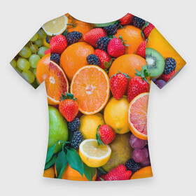 Женская футболка 3D Slim с принтом ABUNDANCE OF FRUITS в Кировске,  |  | colorful | fresh | grape | green | healthy | lemon | orange | pineapple | red | strawberry | summer | sweet | vegetarian | yellow | ананас | апельсин | вегетарианский | виноград | желтый | здоровый | зеленый | клубника | красный | красочный | лето | лимон