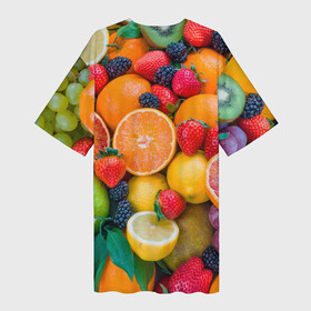 Платье-футболка 3D с принтом ABUNDANCE OF FRUITS в Кировске,  |  | colorful | fresh | grape | green | healthy | lemon | orange | pineapple | red | strawberry | summer | sweet | vegetarian | yellow | ананас | апельсин | вегетарианский | виноград | желтый | здоровый | зеленый | клубника | красный | красочный | лето | лимон