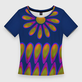Женская футболка 3D Slim с принтом Голографические капли на синем фоне в Кировске,  |  | голограмма | капли | узор | цветной | цветок