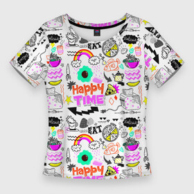 Женская футболка 3D Slim с принтом HAPPY TIME в Кировске,  |  | banana | bread | fish | flying saucer | food | fruit | happy | kettle | pizza | quotes | time | toaster | банан | время | еда | летающая тарелка | пицца | рыба | счастливый | тостер | фрукт | хлеб | цитаты | чайник