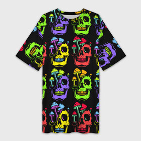 Платье-футболка 3D с принтом Мухоморы, растущие на черепе в Кировске,  |  | color | eye sockets | fly agaric | jaw | mushroom | neon | skull | teeth | глазницы | гриб | зубы | мода | мухомор | неон | пасть | цвет | череп