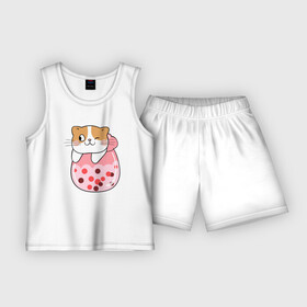 Детская пижама с шортами хлопок с принтом Довольный котик в стакане с мороженым в Кировске,  |  | кот | котенок | котик | кошечка | лето | мороженое