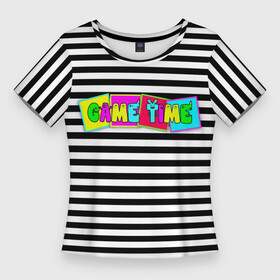 Женская футболка 3D Slim с принтом Game time Время игры надпись в Кировске,  |  | game time | буквы | время игры | зеленый | игра | красный | полосатый узор | розовый