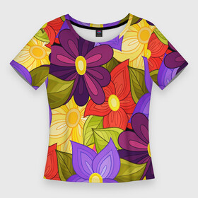 Женская футболка 3D Slim с принтом MULTICOLORED PANSIES в Кировске,  |  | blue | bouquet | flora | floral | flower | nature | pattern | pink | purple | spring | summer | watercolor | yellow | акварельный узор | анютины глазки | букет | весна | желтый | лето | листья | разноцветный | розовый | синий | фиолетовый | флора