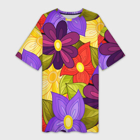 Платье-футболка 3D с принтом MULTICOLORED PANSIES в Кировске,  |  | Тематика изображения на принте: blue | bouquet | flora | floral | flower | nature | pattern | pink | purple | spring | summer | watercolor | yellow | акварельный узор | анютины глазки | букет | весна | желтый | лето | листья | разноцветный | розовый | синий | фиолетовый | флора